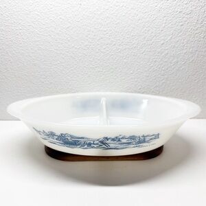 Vintage Glasbake Courier & Ives Milk Glass Divided Split Dish J-2352